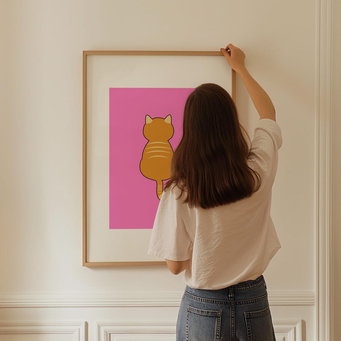 Orange Tabby Cat Back View on Bright Pink Minimalist Art Poster - Image 3