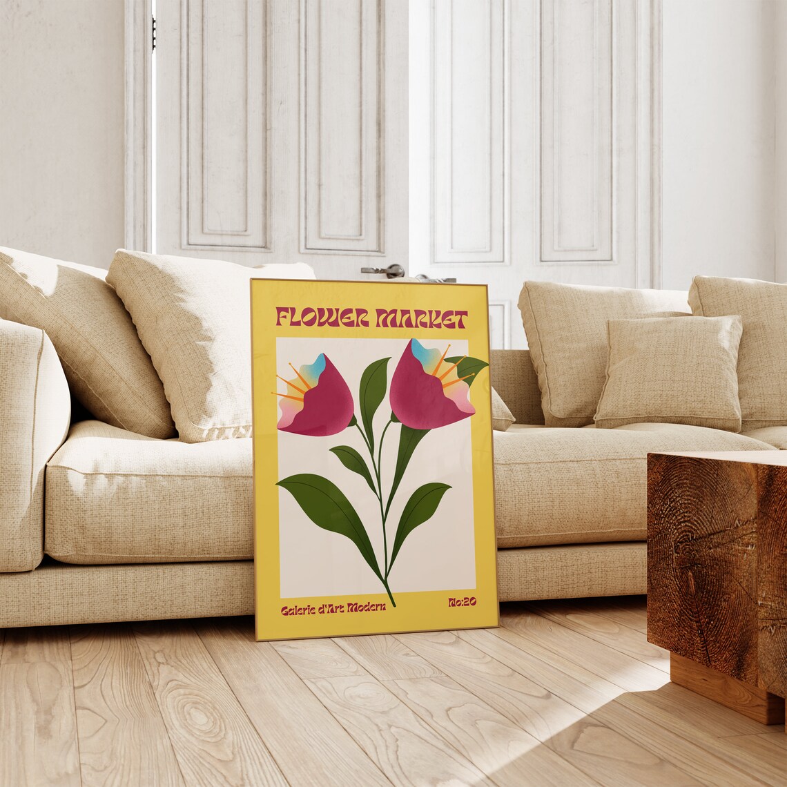 Flower Market No 20 Pink Trumpet Blooms On Yellow Art Poster - Image 3