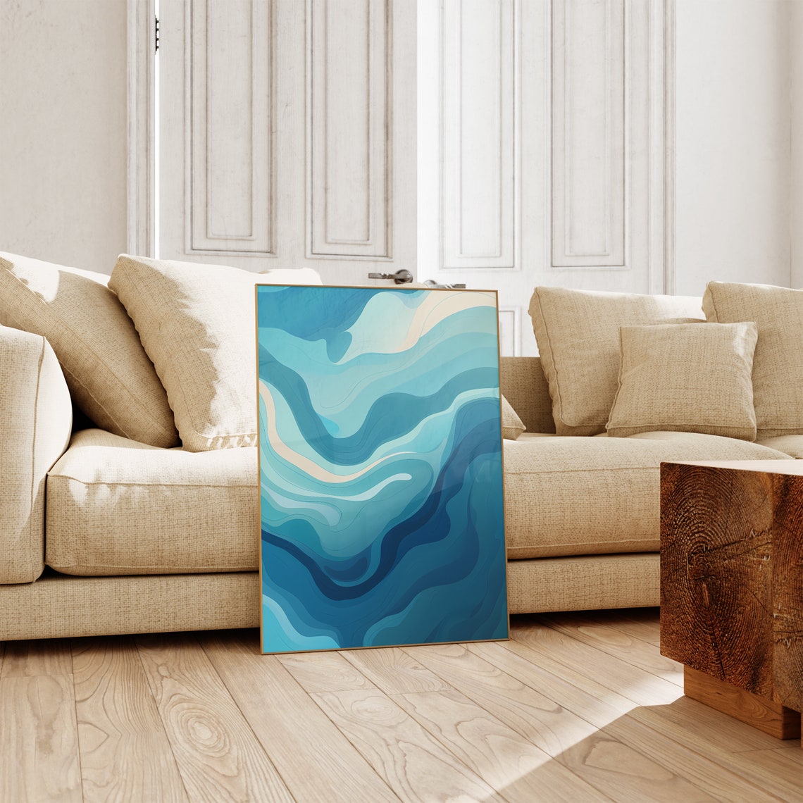 Blue White Ocean Waves Serene Coastal Abstract Modern Art Poster - Image 4
