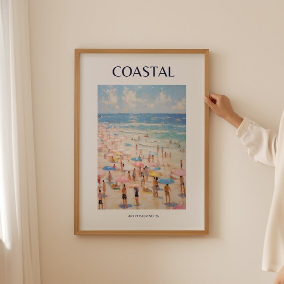 Coastal Beach Crowd Colorful Umbrellas Shore Scene Art Poster No. 26