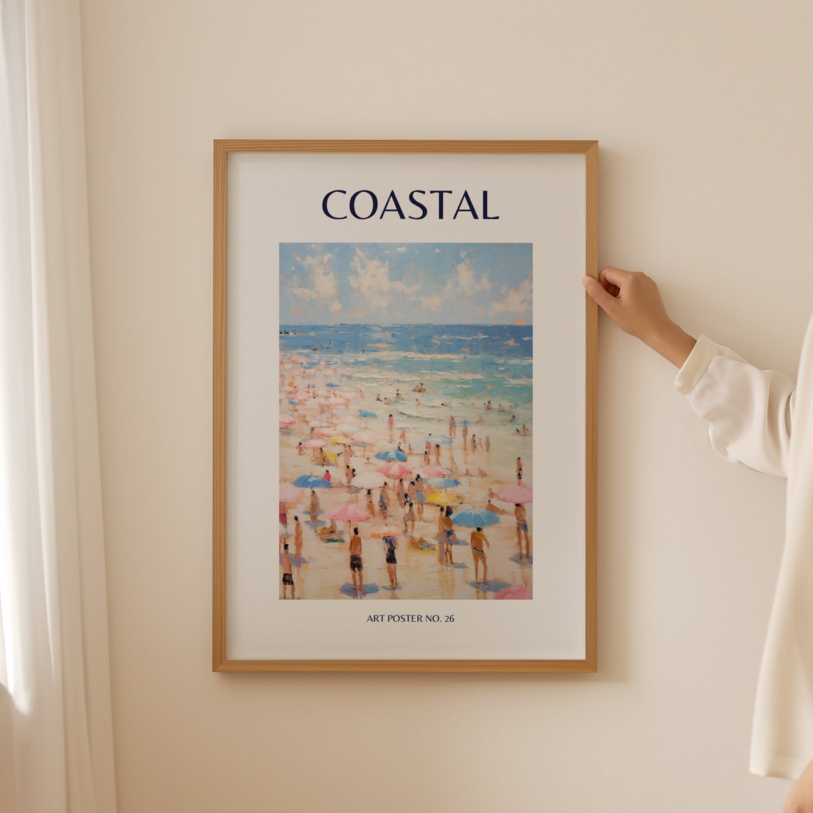 Coastal Beach Crowd Colorful Umbrellas Shore Scene Art Poster No. 26