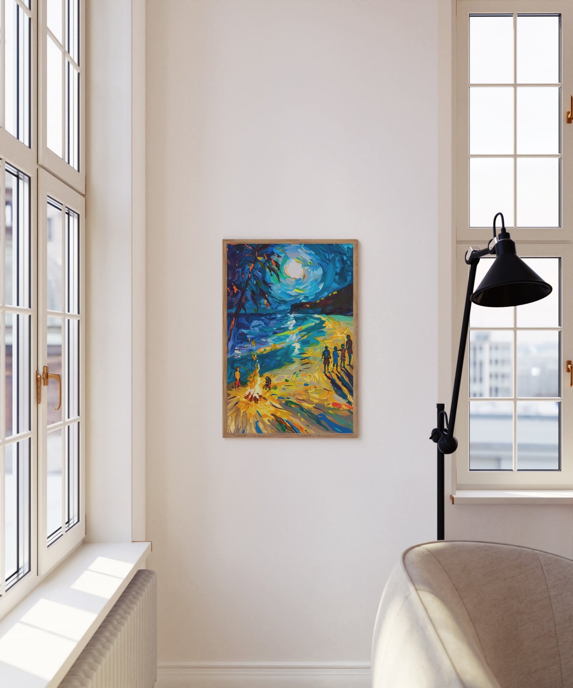 Moonlit Beach Night Scene with Figures and Starry Sky Art Poster - Image 3