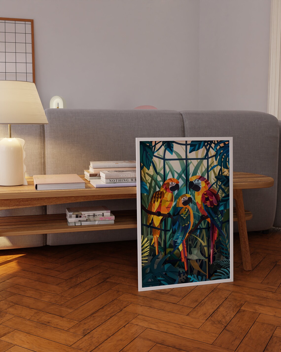 Three Geometric Macaw Parrots in Tropical Mosaic Style Art Poster - Image 3