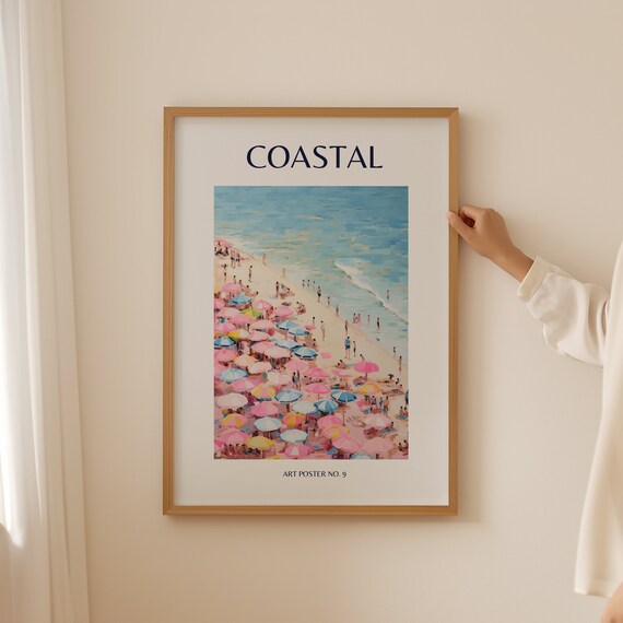 Coastal Dream Pink Blue Beach Umbrellas Aerial Ocean Art Poster