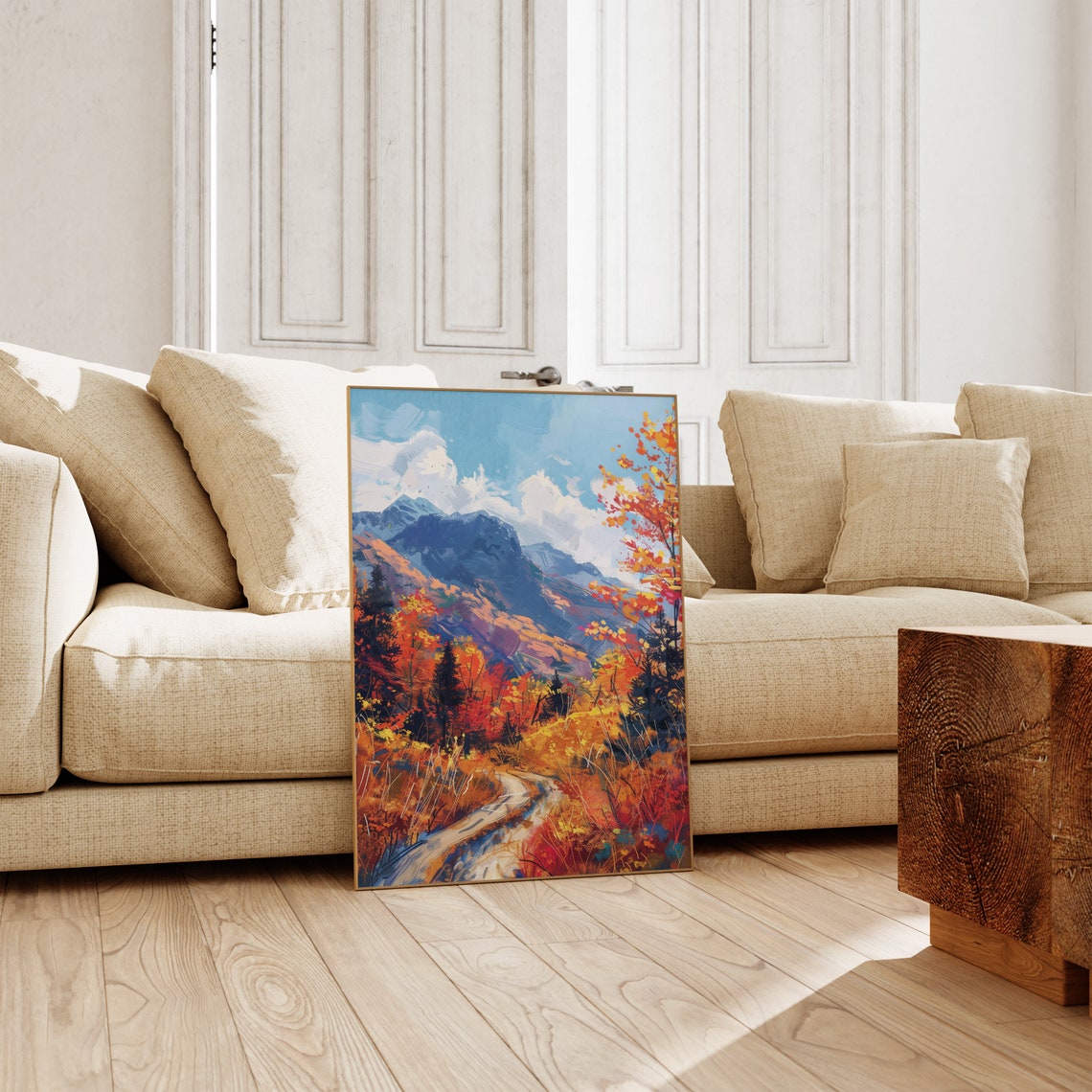Autumn Valley Path Fiery Orange Trees Blue Mountain Art Poster - Image 2