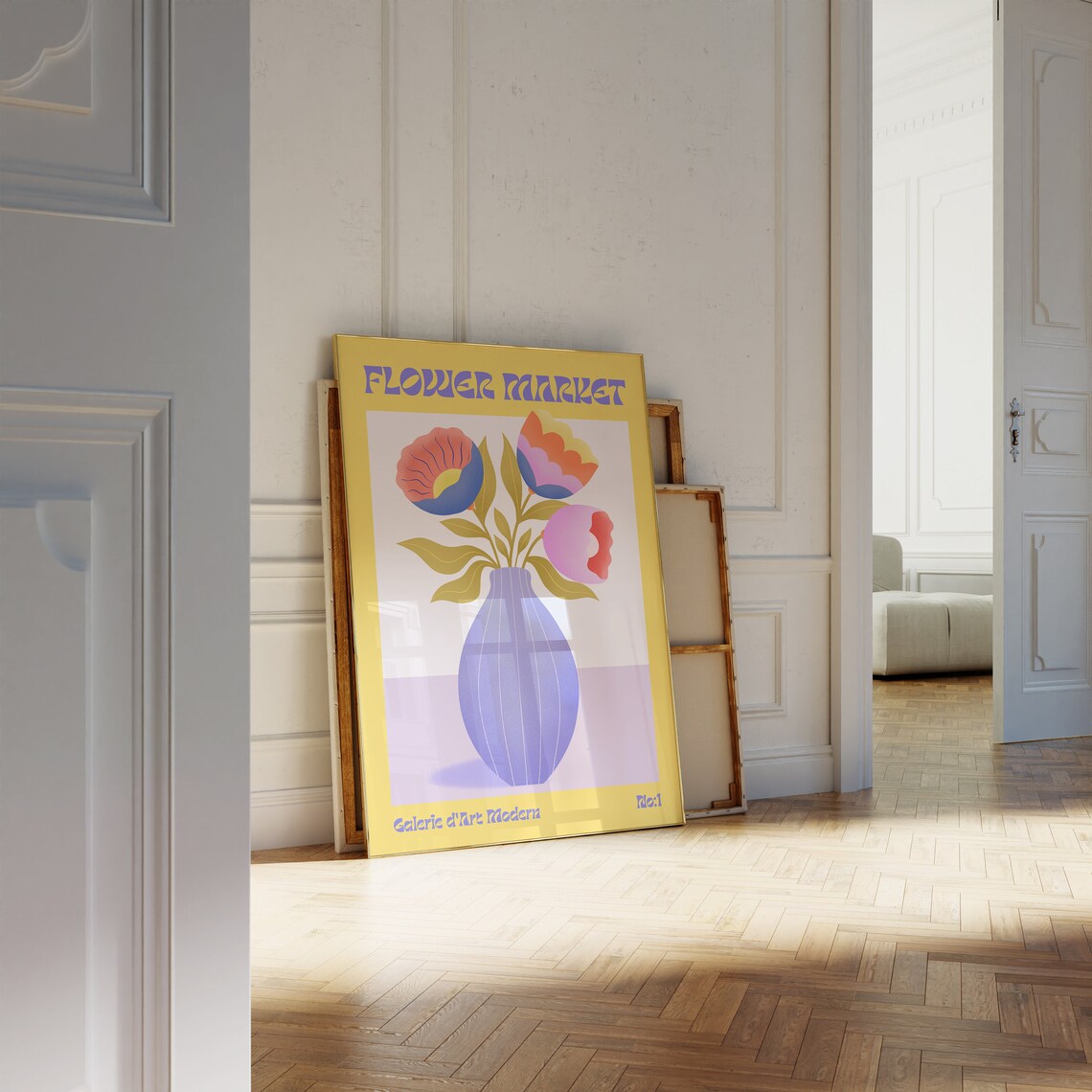 Flower Market Groovy Yellow Blue Vase Poppy Bouquet Retro Poster - Image 2