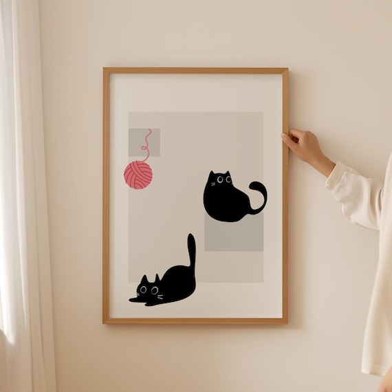 Cute Cat Abstract Art Prints Black Cat Grey Poster Geometric Wall Art Cat Lover Toddler Room Decor Wall Hangings For Master Bedroom