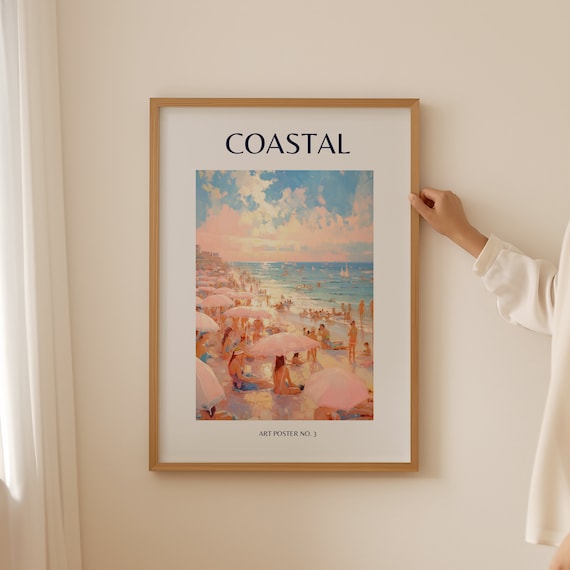 Coastal Sunset Beach Crowd Pastel Umbrellas Summer Art Poster