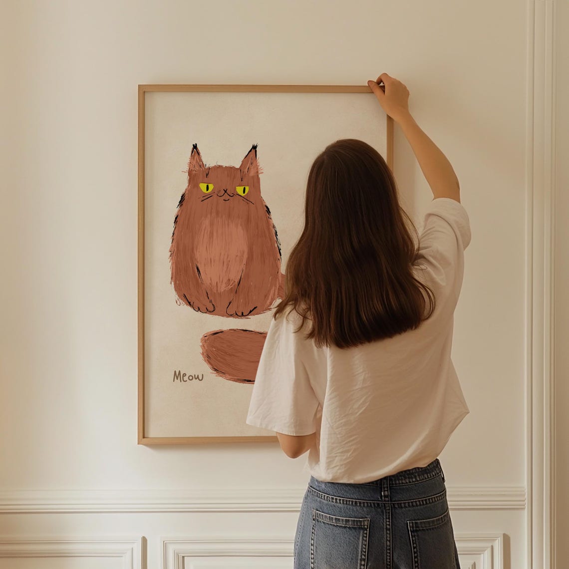 Fluffy Ginger Cat With Yellow Eyes Meow Beige Nursery Art Print - Image 3