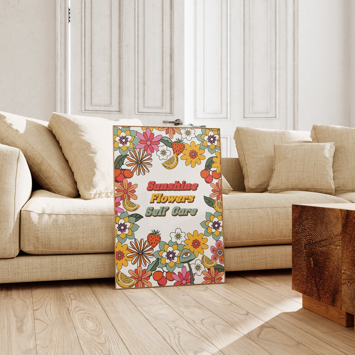 Sunshine Flowers Self Care Retro Fruit Floral Border Art Poster - Image 2
