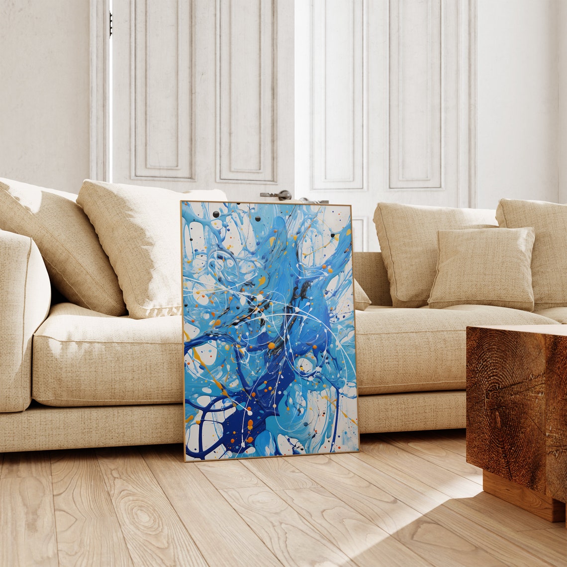 Blue White Orange Dynamic Paint Splatter Abstract Art Poster