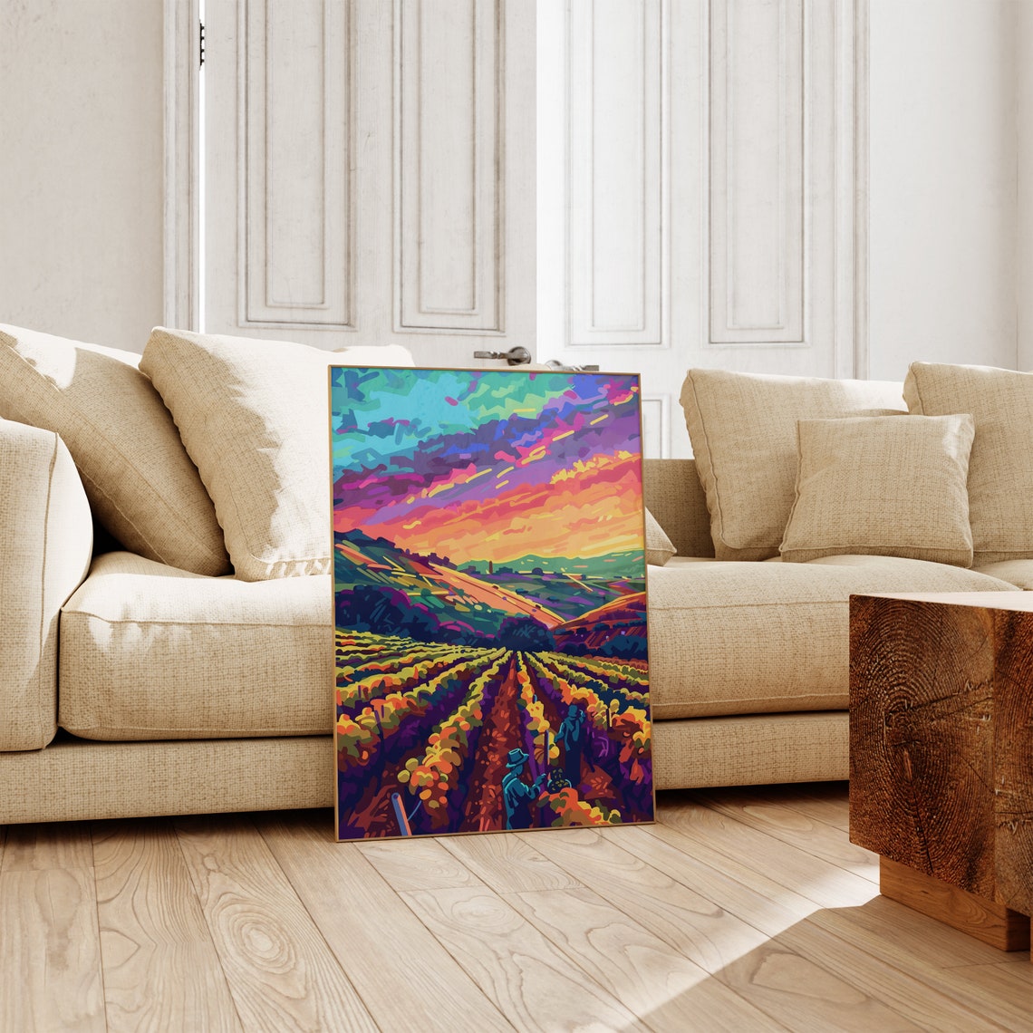 Vineyard Sunrise Harvesters Rainbow Sky Rows Colorful Poster - Image 5
