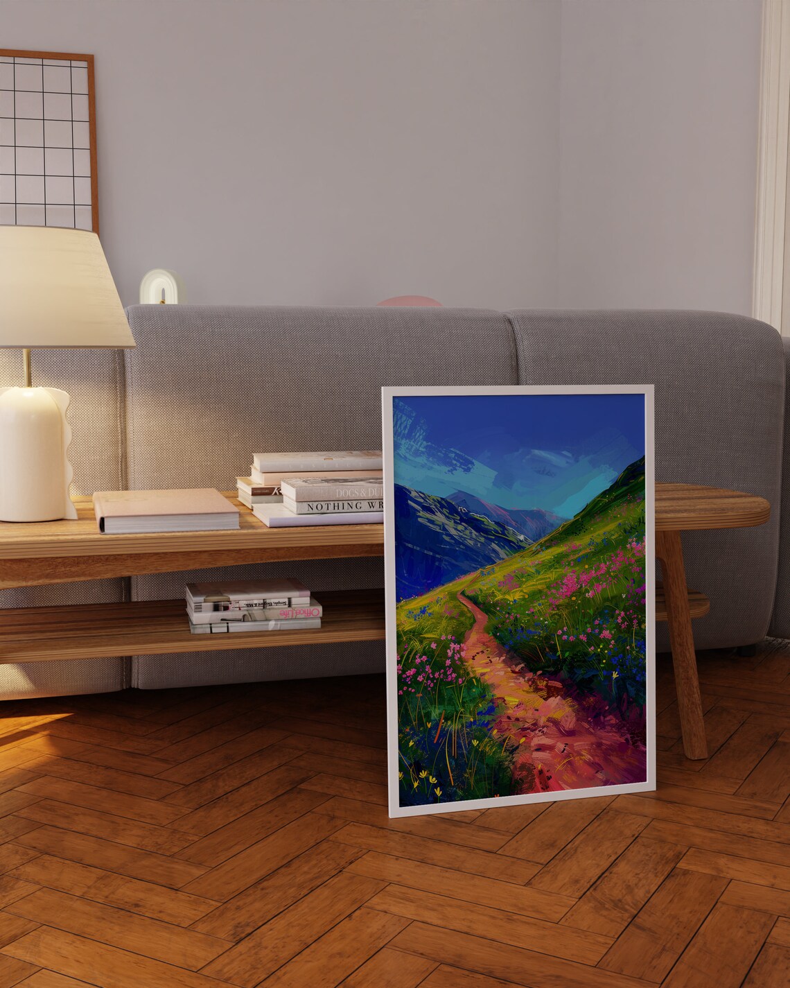 Mountain Valley Wildflower Trail Vibrant Blue Sky Landscape Poster - Image 3