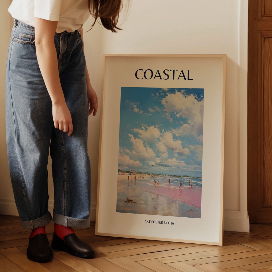 Coastal Blue Sky Pink Shoreline Swimmers View Art Poster No. 19 - Image 3