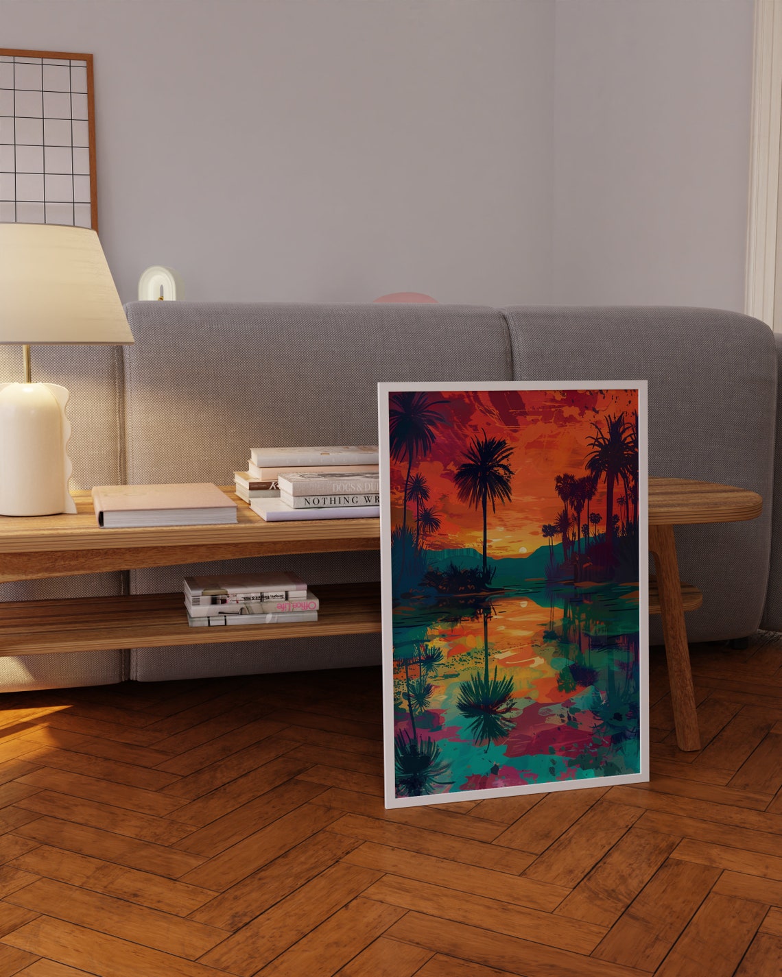 Palm Tree Oasis Sunset Reflected in Water Pop Art Style Poster - Image 3