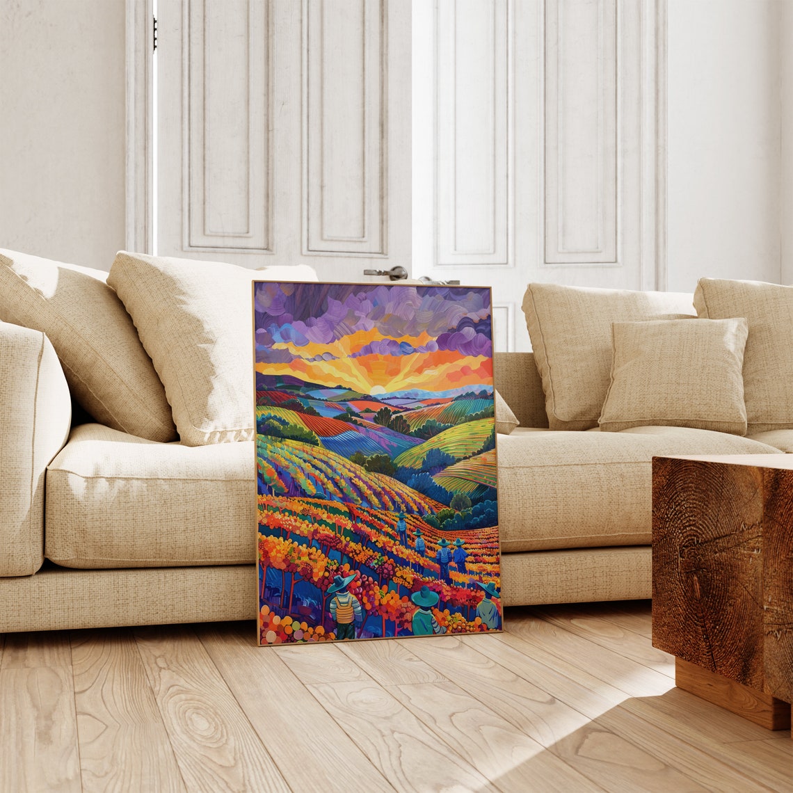 Grape Harvest Sunrise Terraced Vineyard Workers Painting Poster - Image 5