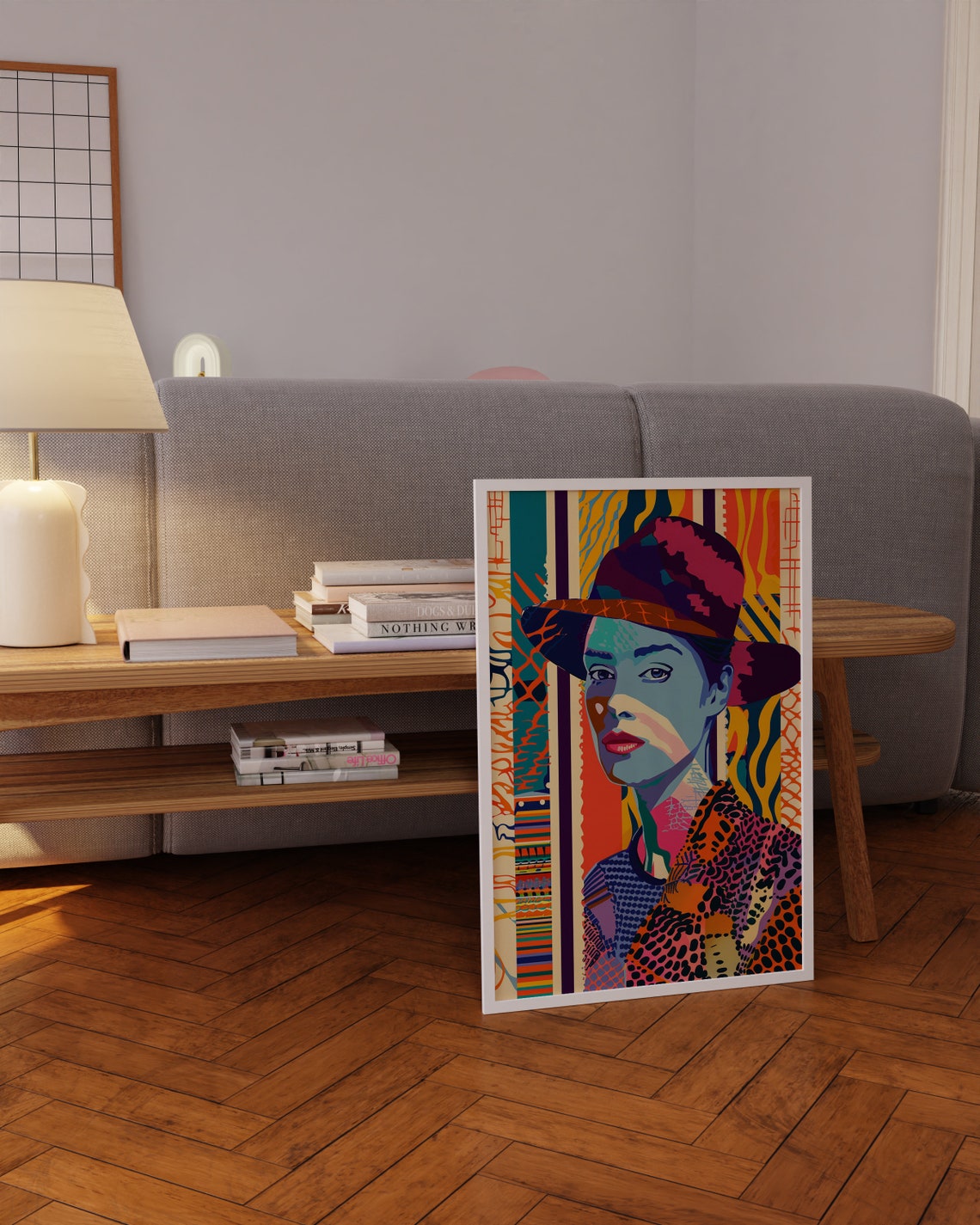 Pop Art Woman in Red Hat Cobalt Blue Portrait Leopard Pattern Poster - Image 4