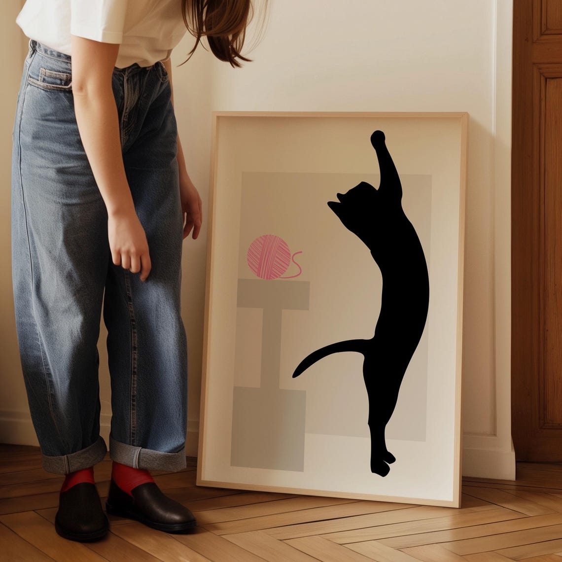 Black Cat Stretching Tall for Pink Yarn Ball Minimalist Poster - Image 5