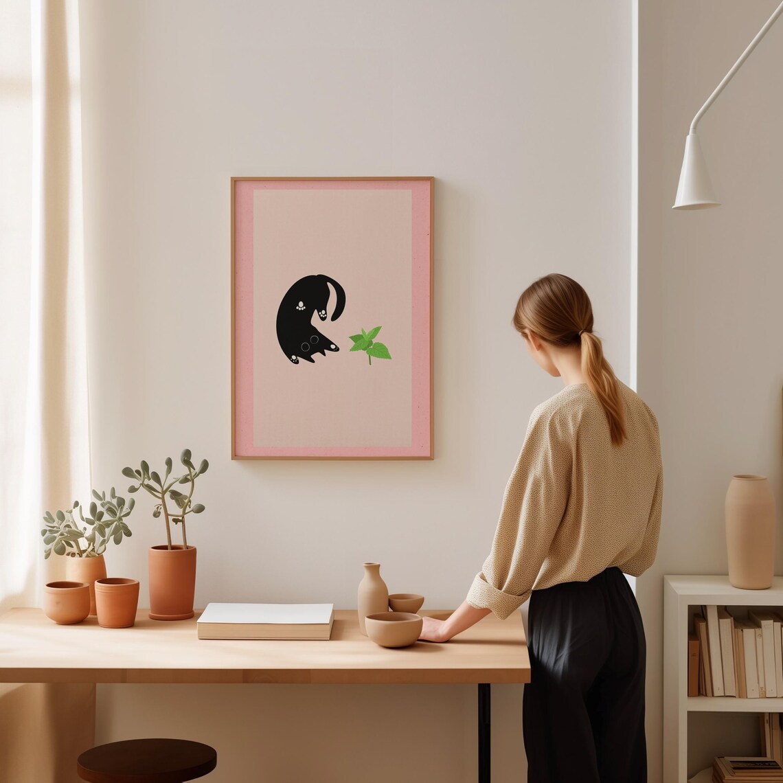 Curious Black Cat Reaching for a Green Leaf Pink Minimalist Poster - Image 2