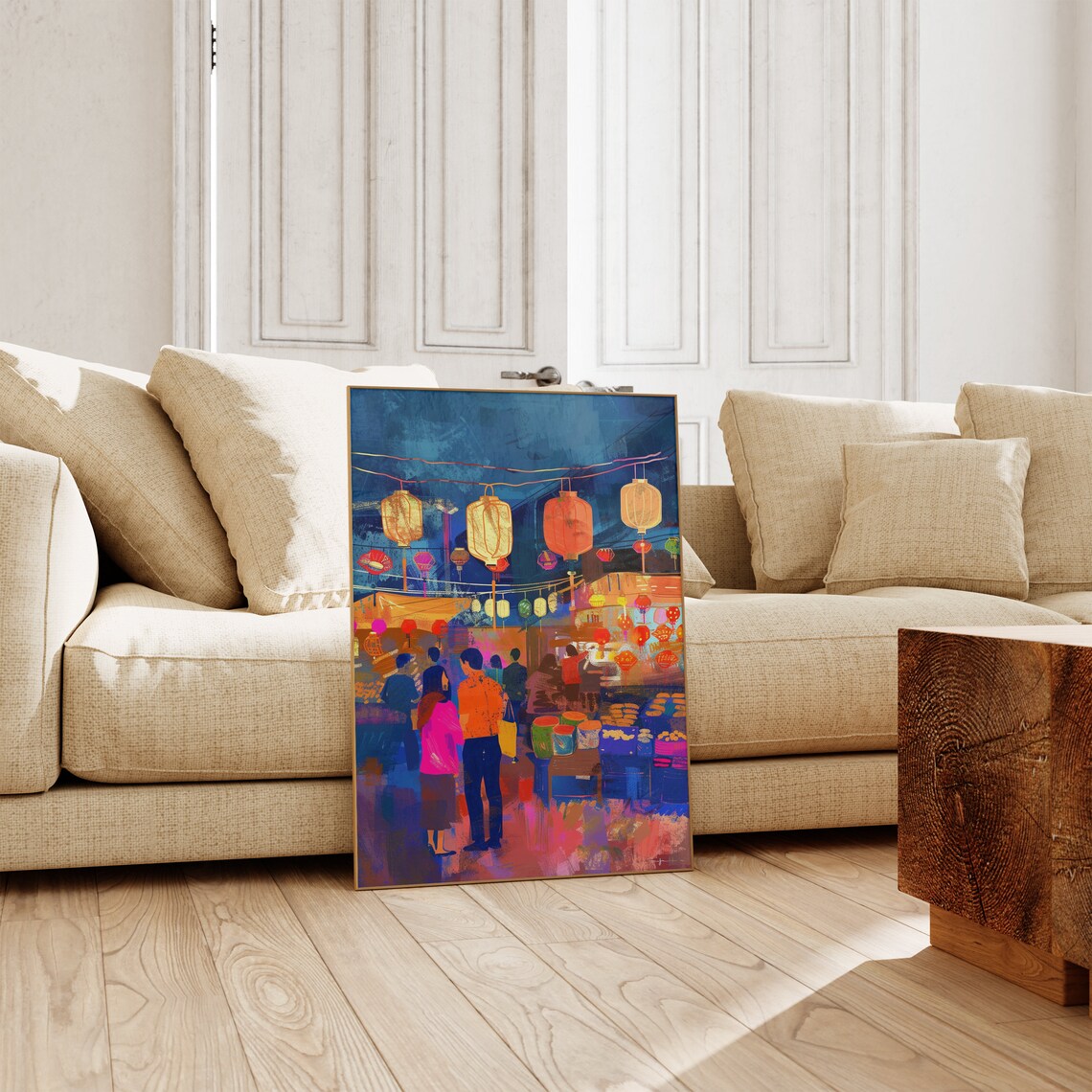 Night Lantern Market Couple Blue Orange Vibrant Festival Poster - Image 3