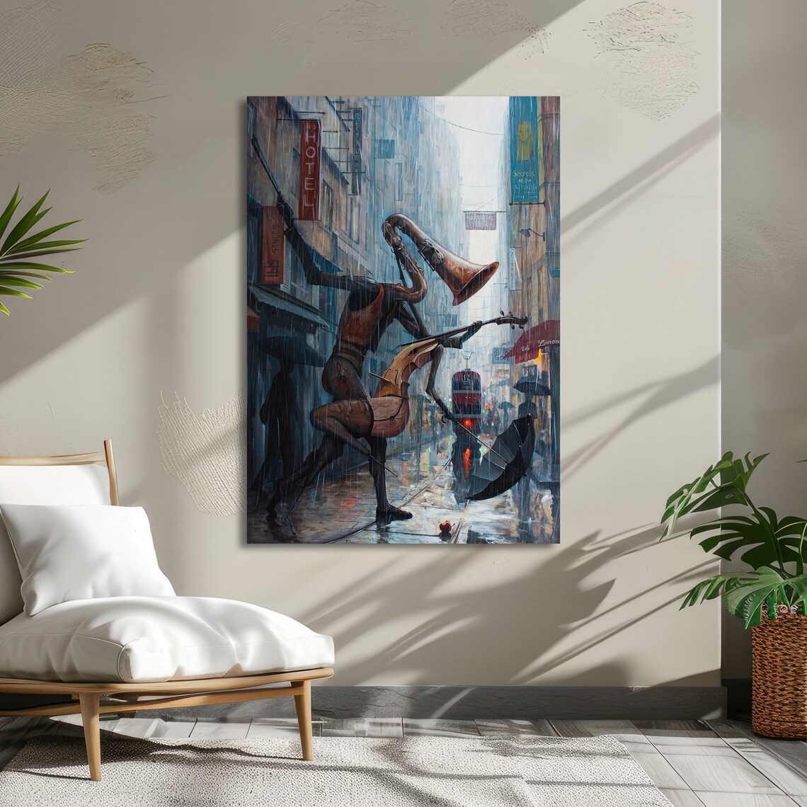 Surreal Saxophone Player Rainy City Street Jazz Music Poster - Image 5