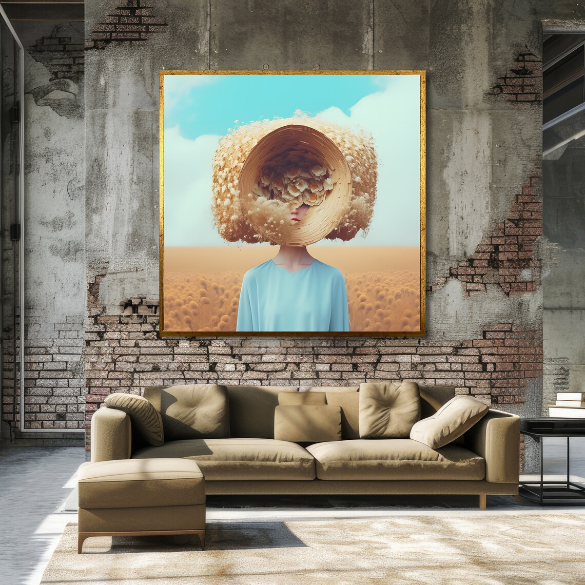 Straw Flower Hat Woman Wheat Field Surreal Portrait Art Poster - Image 3