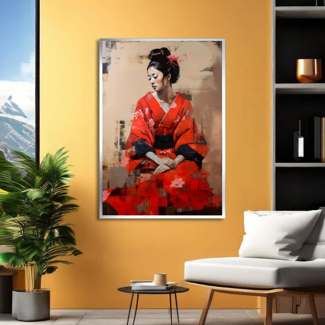 Seated Geisha in Red Kimono Elegant Serene Japanese Art Poster - Image 2