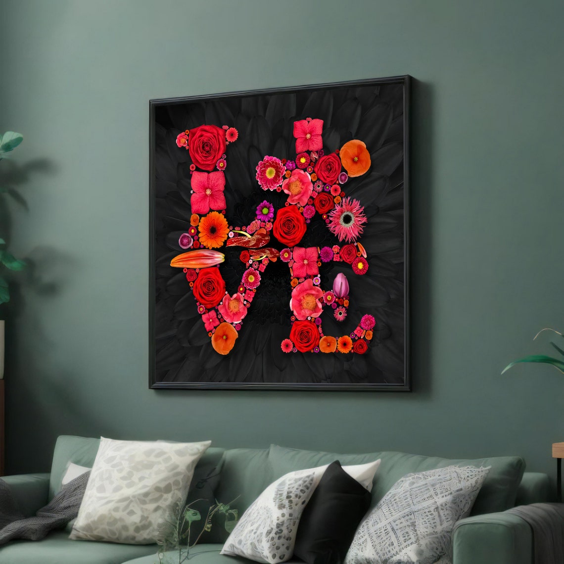 LOVE Word Formed Entirely From Red and Pink Blooms on Black Art Poster
