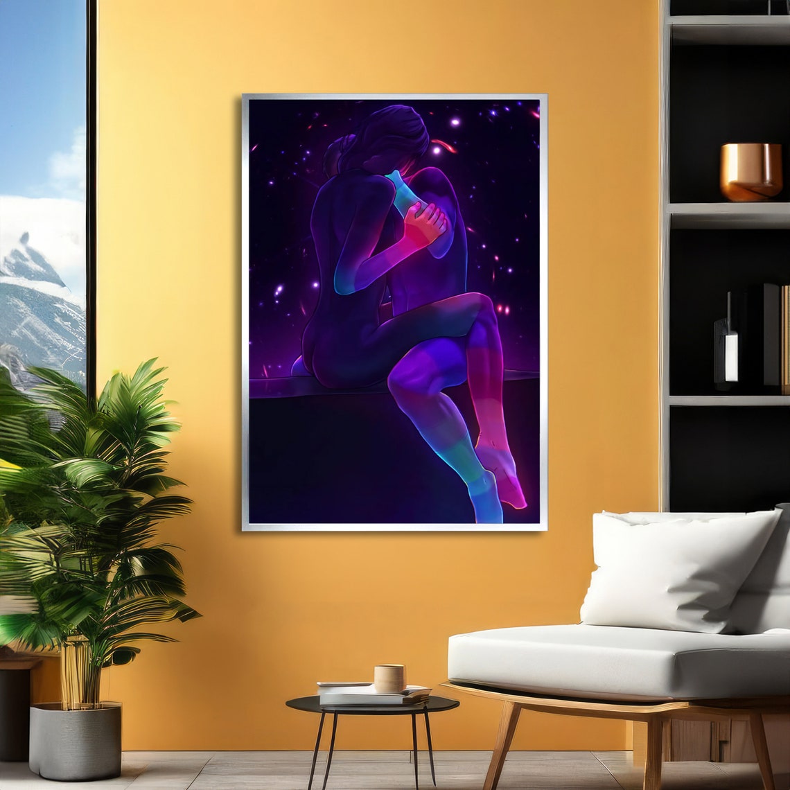 Neon Couple Embrace Under Starry Night Blue Purple Art Poster - Image 2