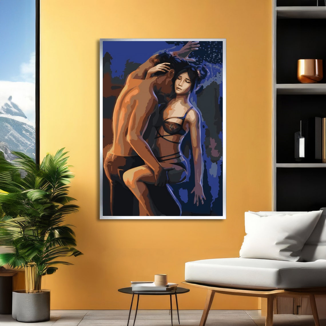 Passionate Couple Embrace Under Moonlight Romantic Art Poster - Image 2