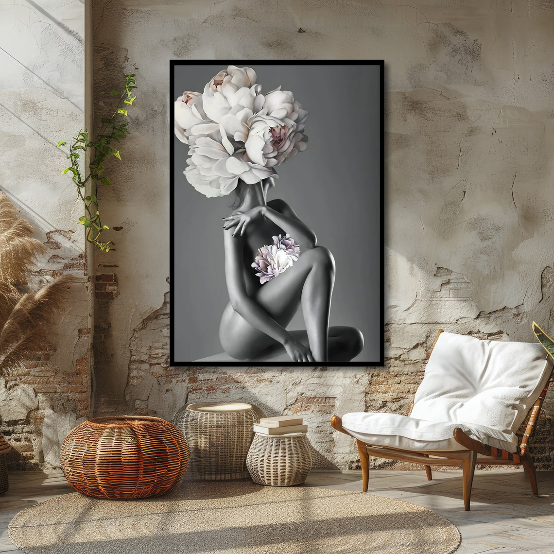 Seated Nude Woman With a Peony Bloom Head Surreal Fine Art Poster - Image 5