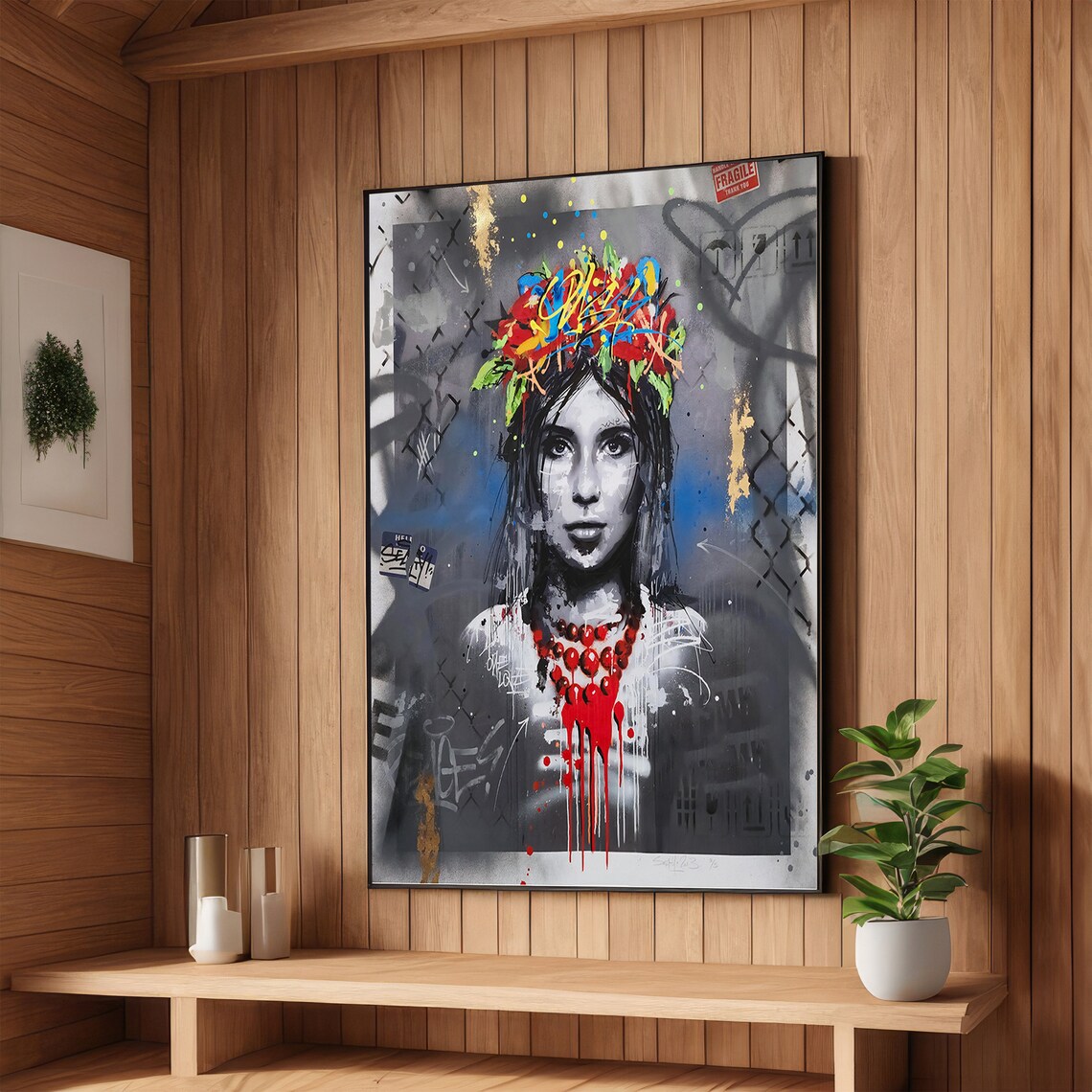 Graffiti Girl With Flower Crown Urban Street Art Portrait Poster