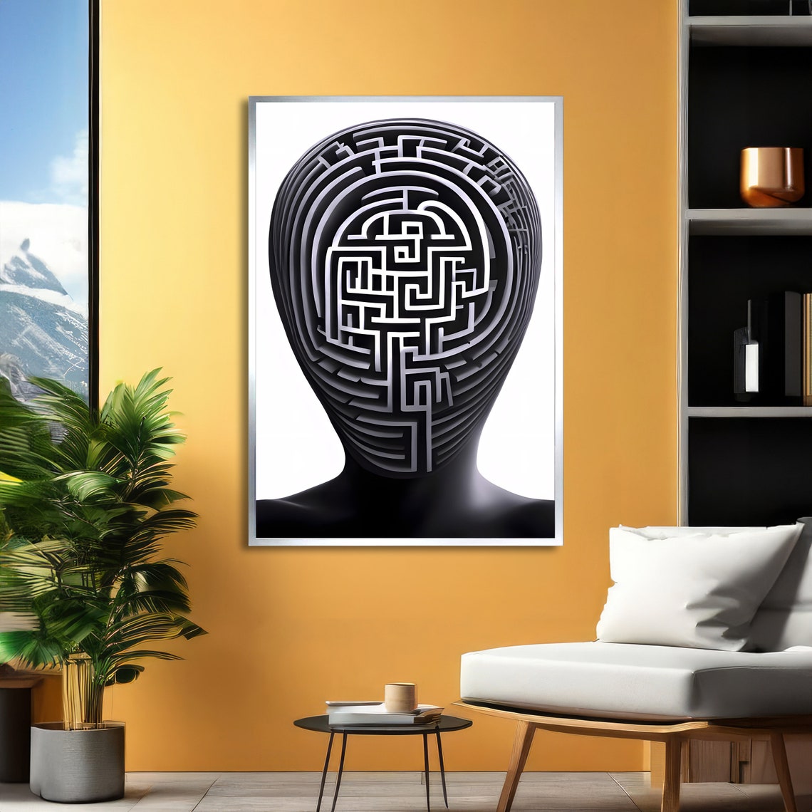 Black Human Head With Maze Labyrinth Face Surreal Optical Art Poster - Image 2