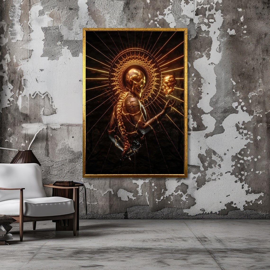 Golden Radiant Skeleton With Halo Holding Skull Gothic Dark Poster - Image 2