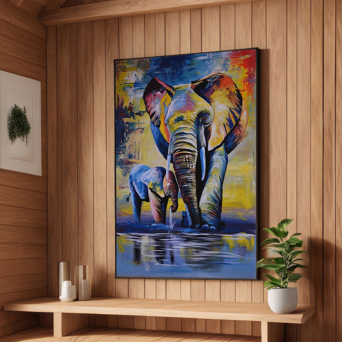 Colorful Elephant and Calf Crossing Water Vibrant Art Poster