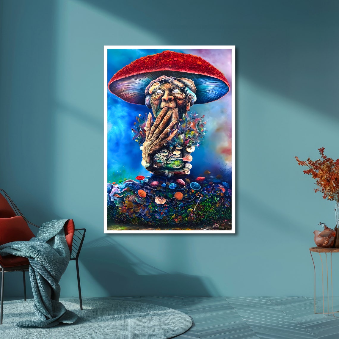 Surreal Red Mushroom Man Psychedelic Fantasy Vibrant Art Poster - Image 6