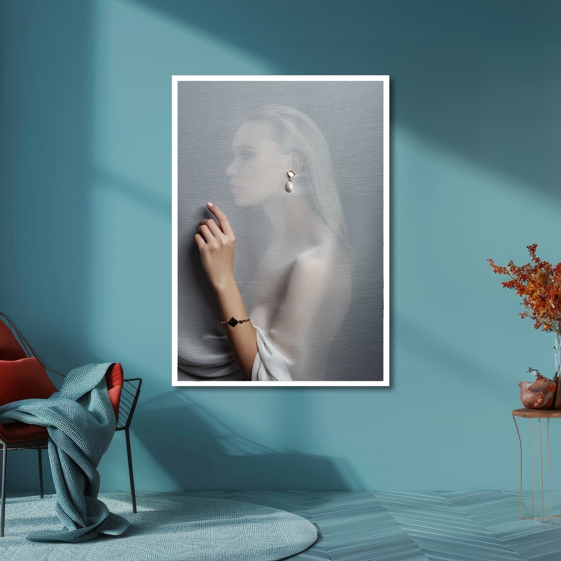 Veiled Woman Silhouette Pearl Earring Elegant Fashion Poster - Image 6