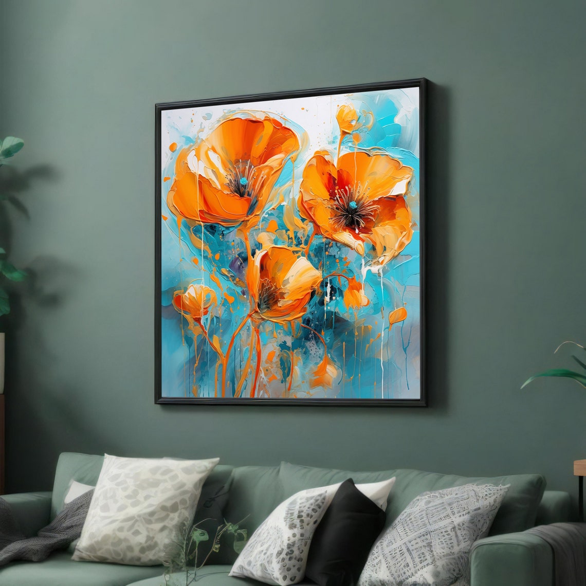 Orange Poppies On Turquoise Background Modern Bold Floral Poster