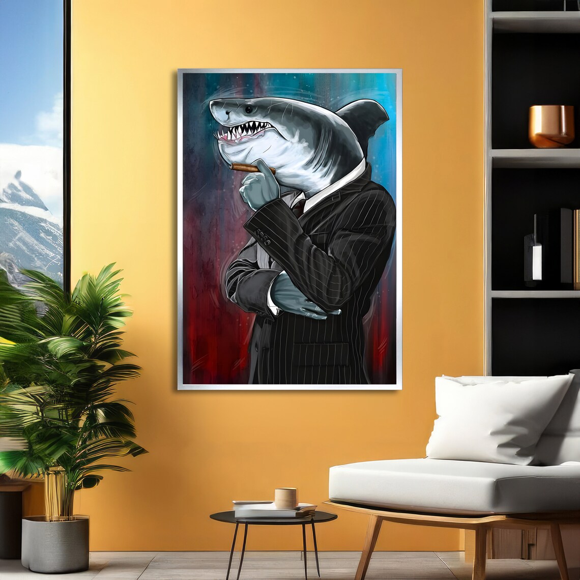 Business Shark in Pinstripe Suit Smoking a Cigar Funny Office Poster - Image 2