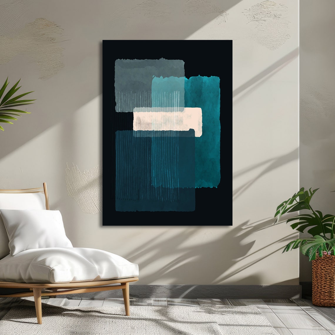 Abstract Teal and White Brushstroke Blocks on Black Modern Art Poster - Image 5