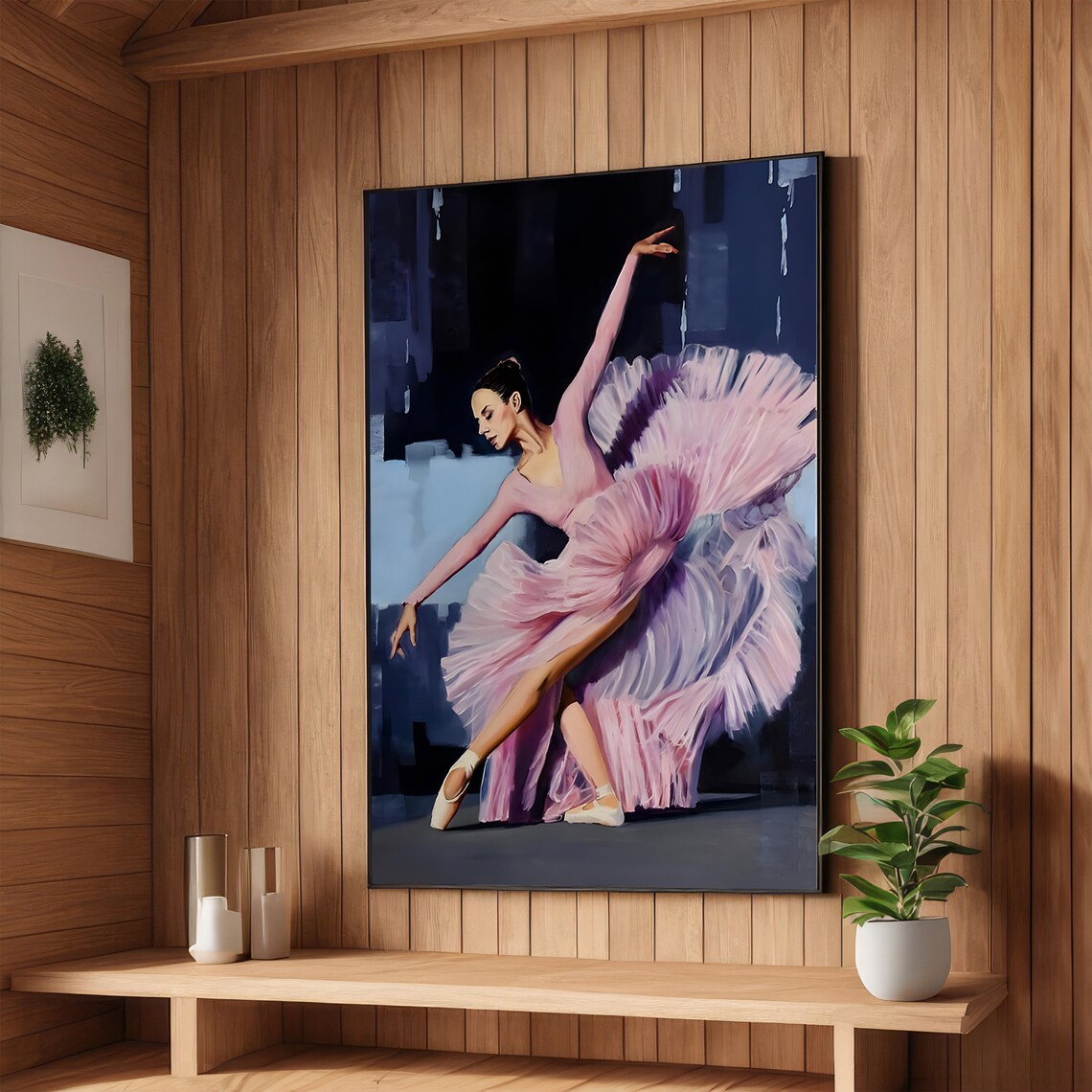 Ballerina in Pink Tutu Oil Painting on Night Stage Art Poster