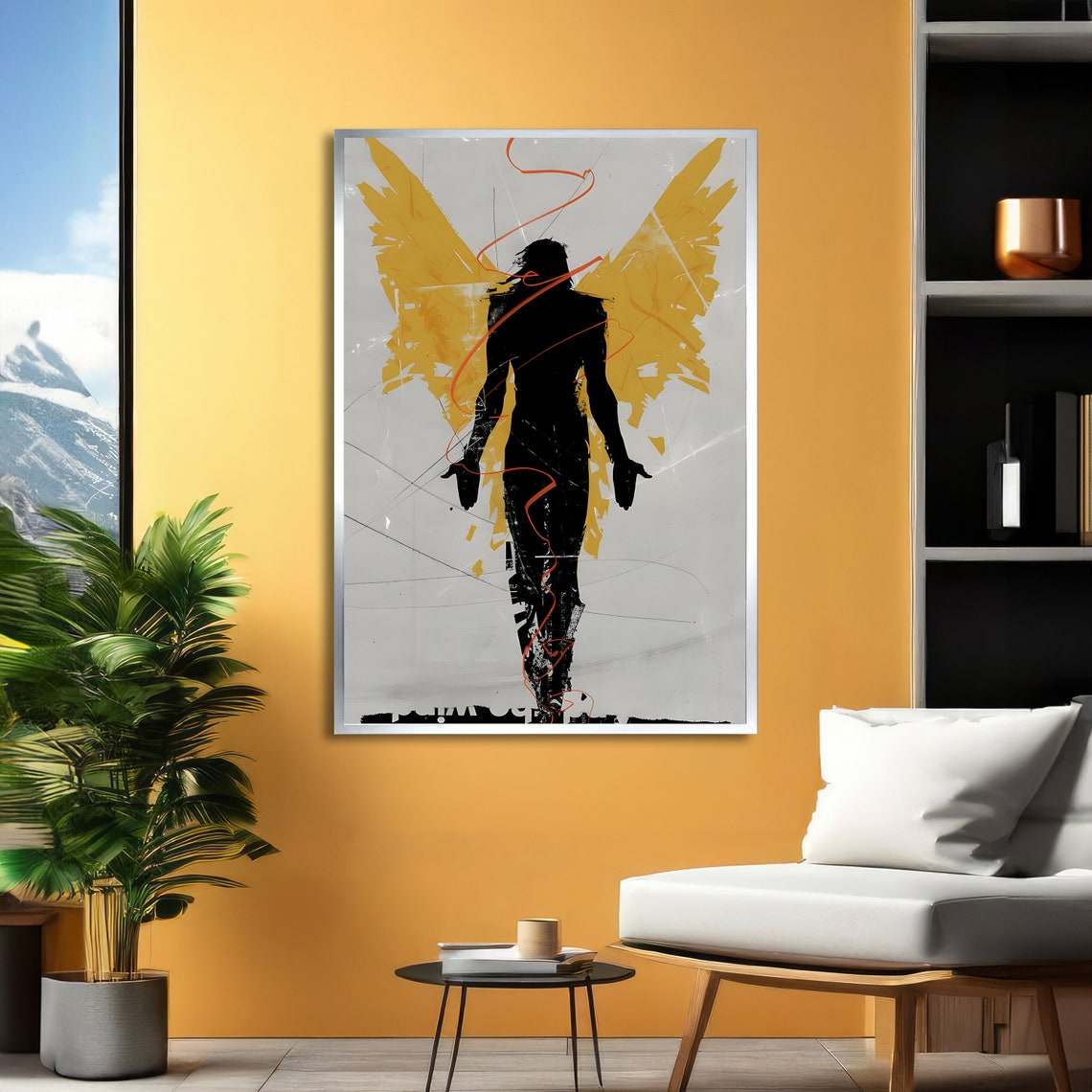 Black Angel Silhouette Golden Yellow Wings Abstract Minimal Poster - Image 2