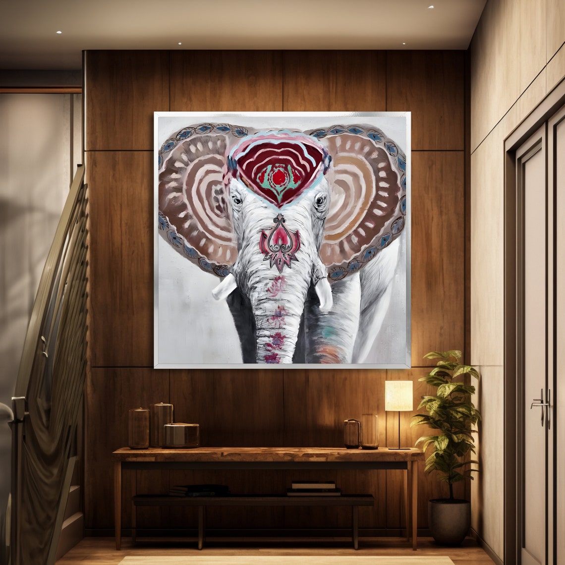 Ornate Mandala Decorated Elephant Head Earth Tones White Art Poster - Image 2