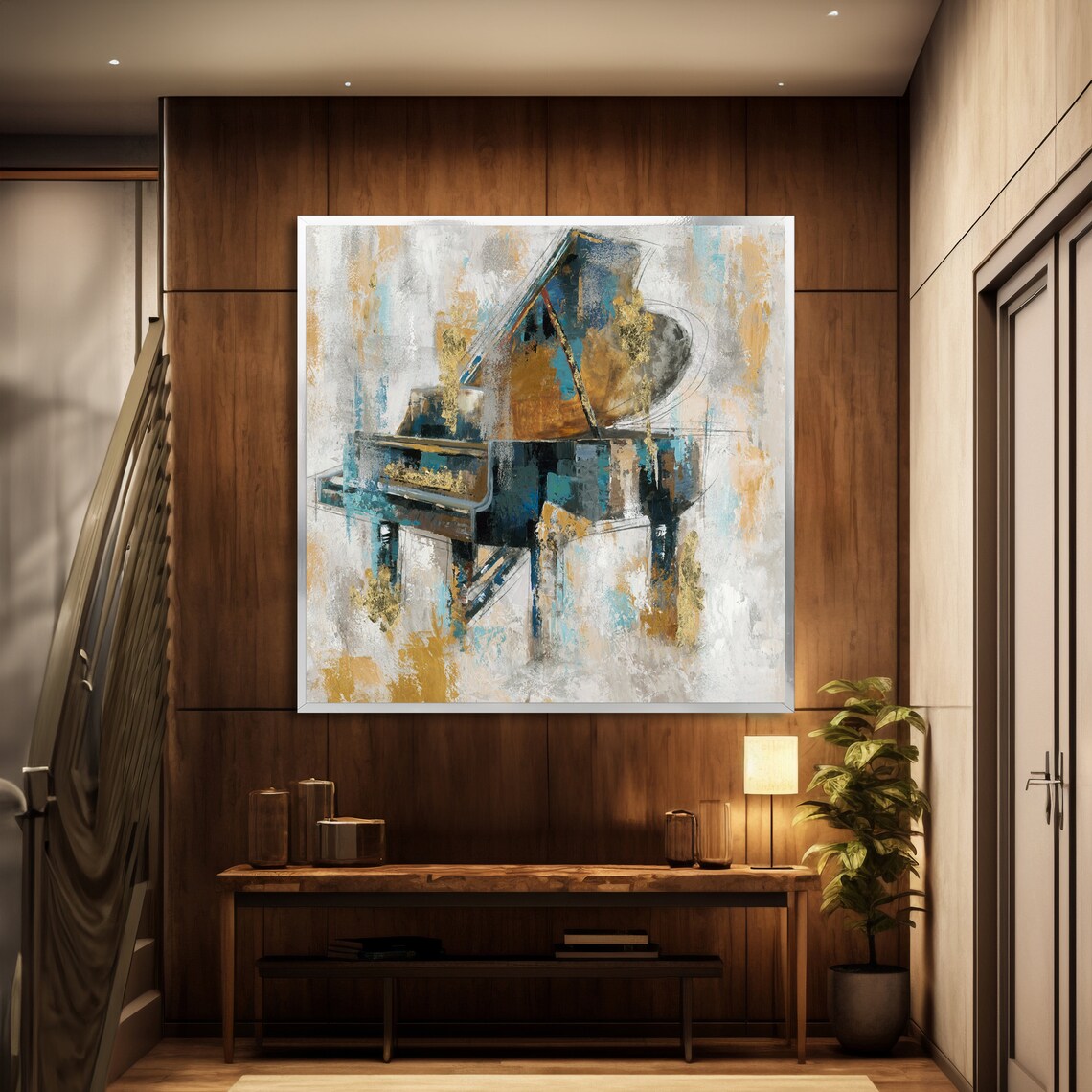Abstract Grand Piano in Blue Ochre Gold Expressive Brushwork Art Poster - Image 5