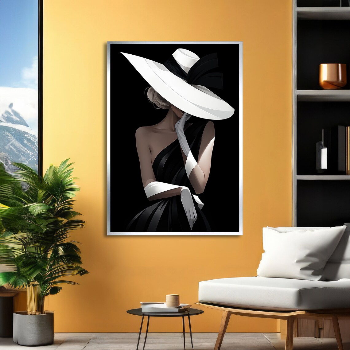 Glamorous Woman in Black and White Fashion Wide Brim Hat Art Poster - Image 5