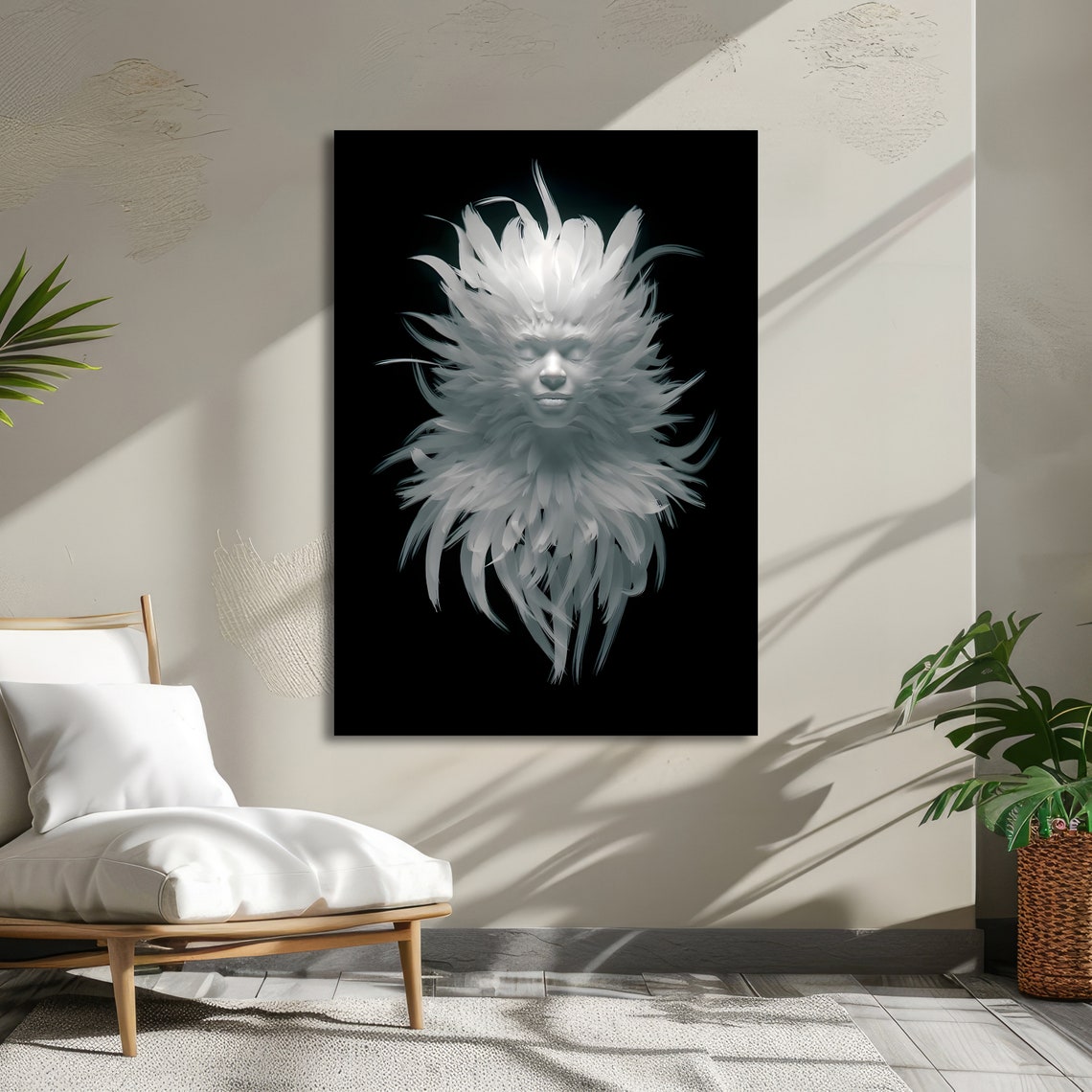 Ethereal White Feather Face in a Surreal Mystical Dream Art Poster - Image 5