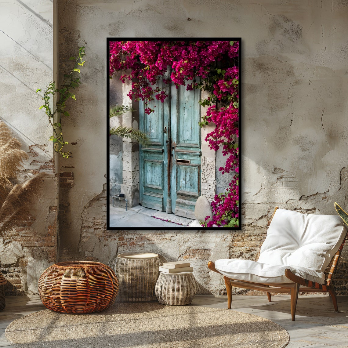 Rustic Blue Door With Pink Bougainvillea Mediterranean Poster - Image 4