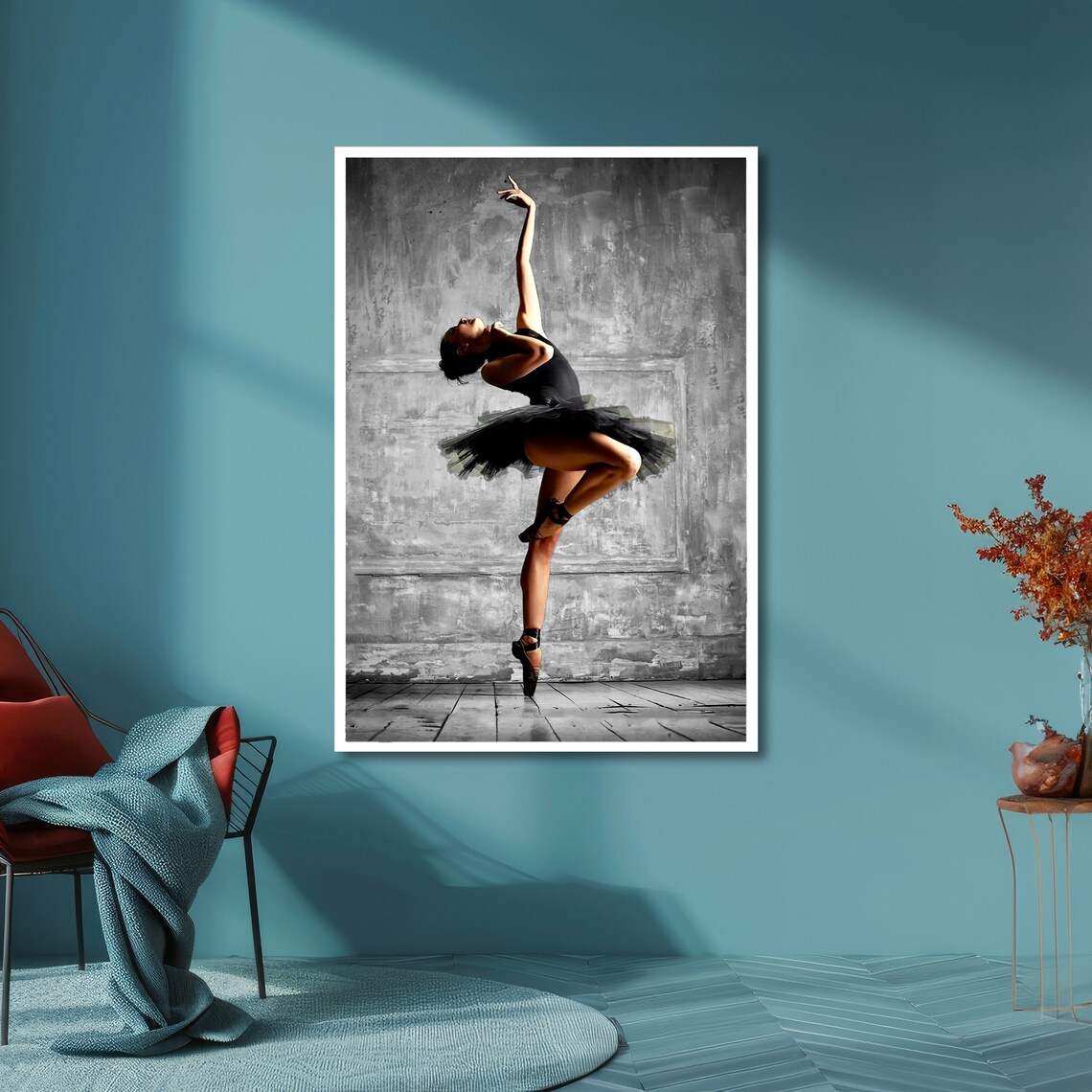 Graceful Ballerina in a Black Tutu Leaping Against Gray Wall Poster - Image 3