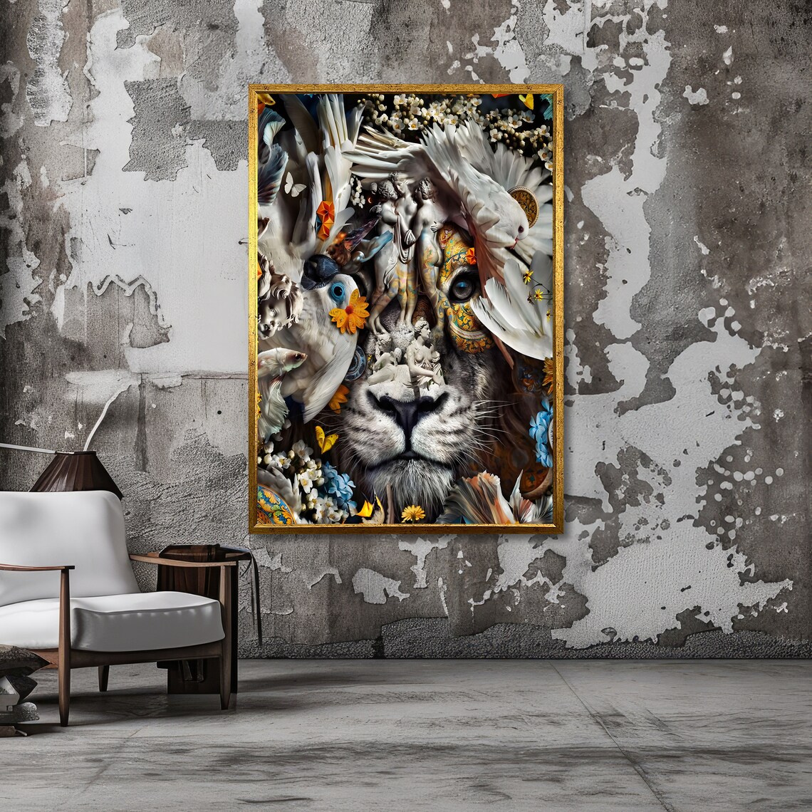 Surreal Lion Collage with Doves Flowers Butterflies Art Poster - Image 2