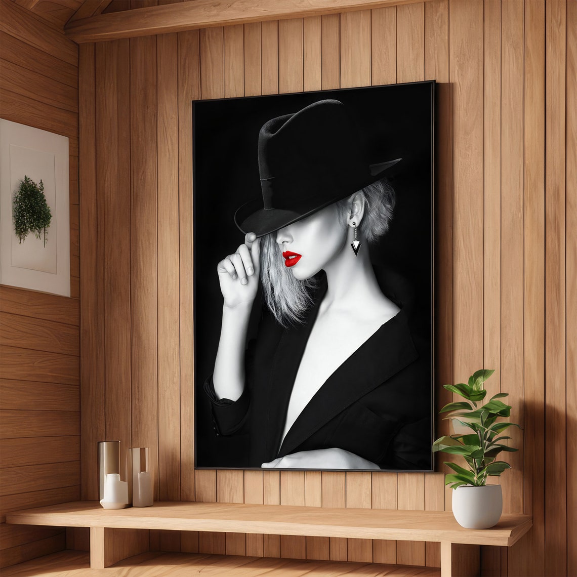 Striking Mysterious Woman In Black Hat Red Lips Noir Elegance Poster